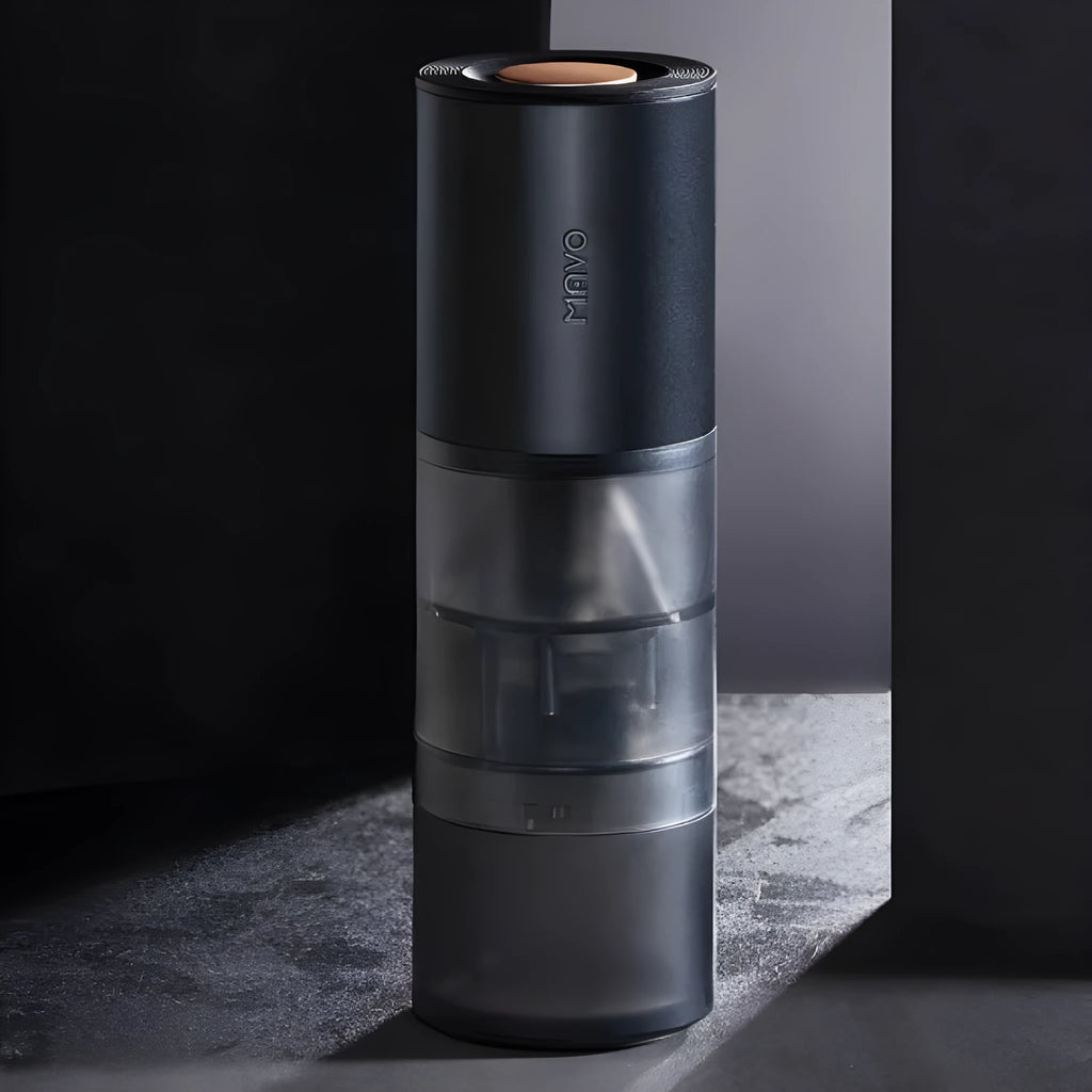 Electric coffee bean grinder with stainless steel blade and black housing