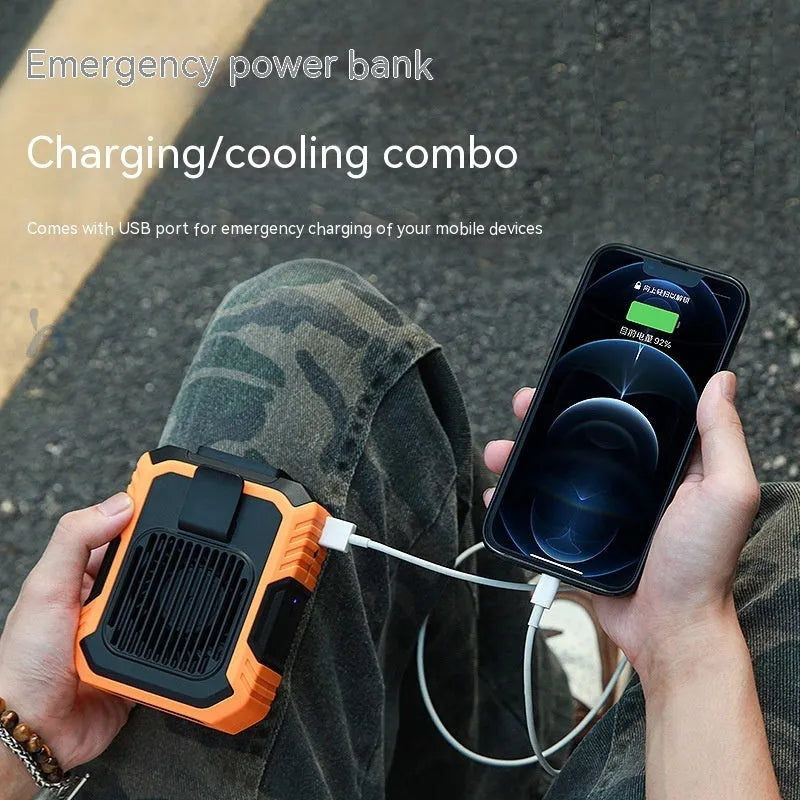 Green wrist hanging fan with light display, USB charging port, and adjustable strap.