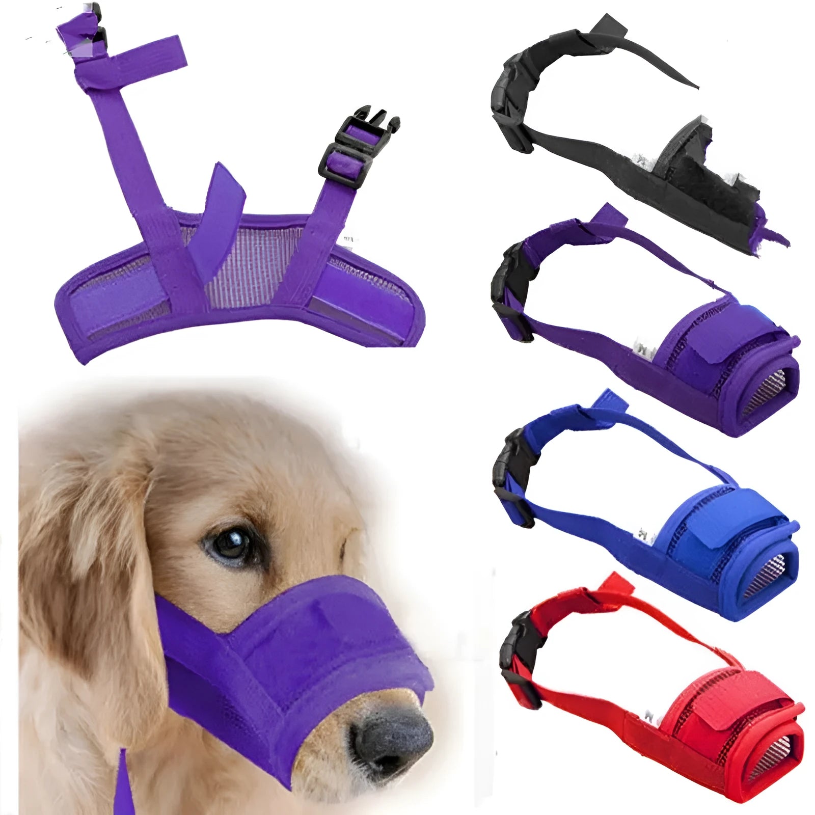 A black plastic basket-style dog muzzle shown on a size chart with measurements for S, M, L, XL, and XXL sizes.