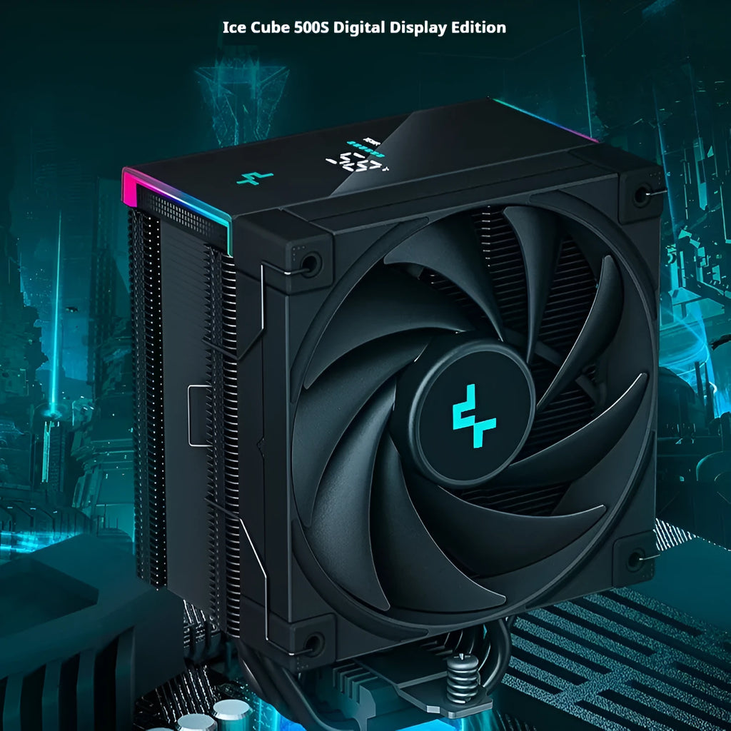 DeepCool twin tower CPU air cooler with digital display screen, black aluminium fins and copper heat pipes.