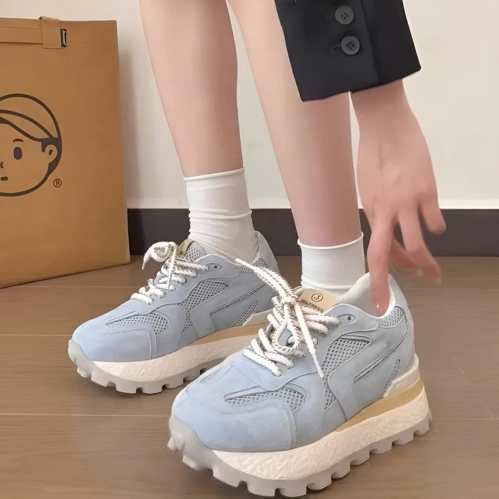 Women's height increasing platform sneakers in blue with synthetic leather upper, round toe, front lace-up, rubber sole