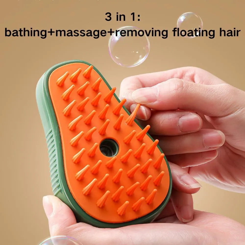 Green rechargeable cat steam brush with silicone teeth for grooming and massage