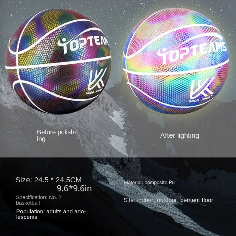 Size 7 fluorescent basketball with holographic reflective surface in chroma and white colours.