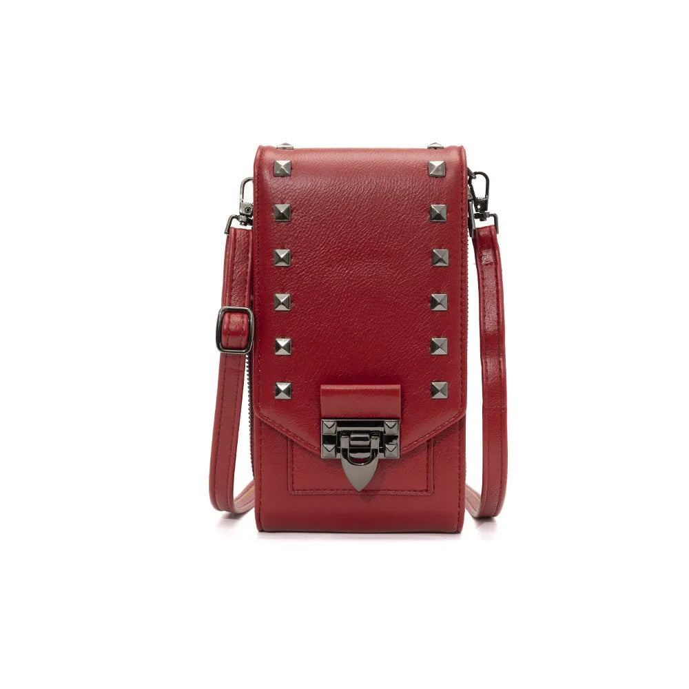 Rivet design solid colour PU leather crossbody bag for women, vertical square shape with cover closure and card slot