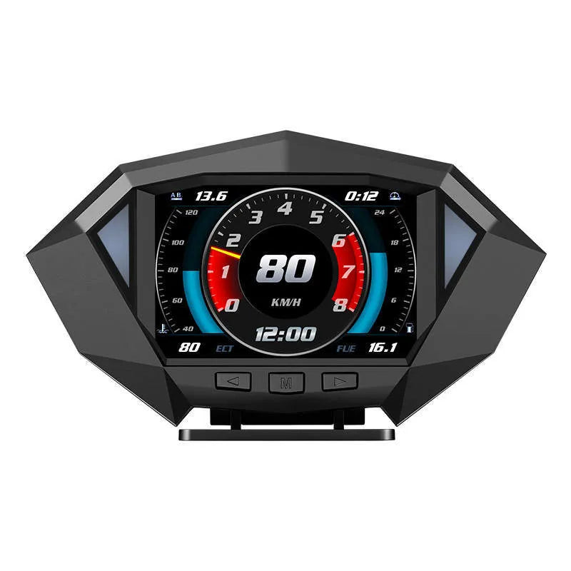 P1 black HD LCD vehicle head-up display unit with OBD cable on a car dashboard.