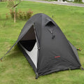 Single person tent with aluminium poles in red, black, or orange colour options, showing double-layer design