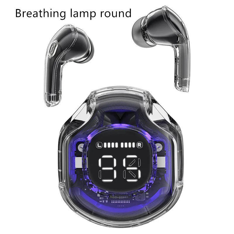 Transparent wireless Bluetooth in-ear headset shown in multiple colour options.