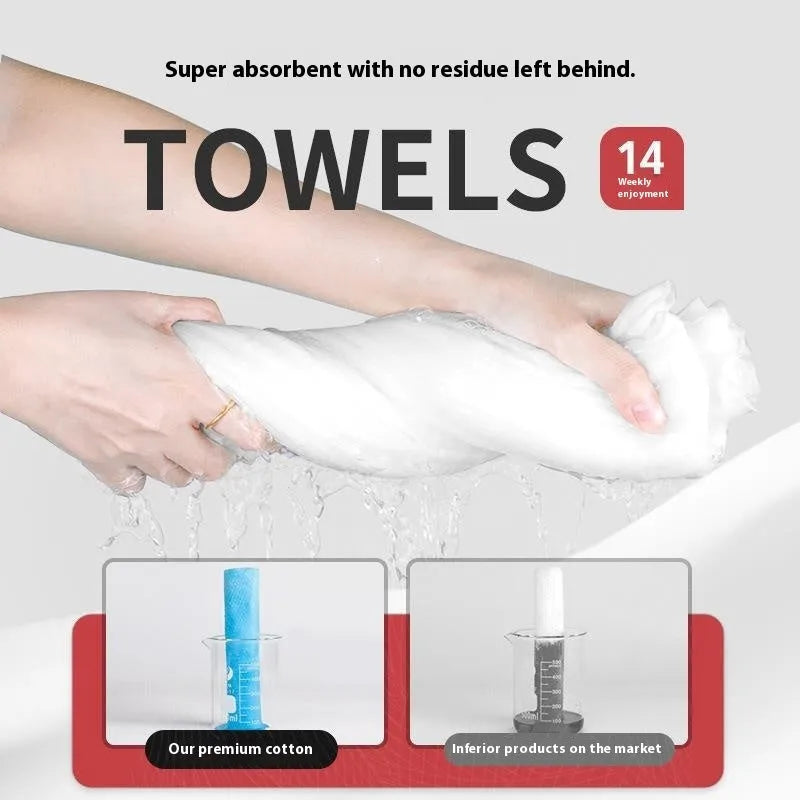 Boxed pack of 14 compressed resin face cloth towels for travel makeup removal, 75g weight