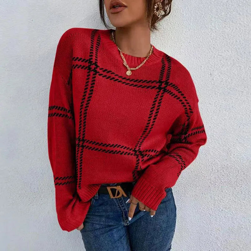 Women's plaid colour-block acrylic crew neck sweater in loose fit style