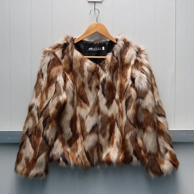 Korean slim-fit faux fur coat for women in picture colour, shown on model.