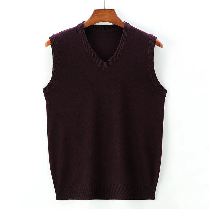 Men's acrylic blend knit vest sweater in camel colour, straight hem, regular fit, on model