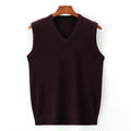 Men's acrylic blend knit vest sweater in camel colour, straight hem, regular fit, on model