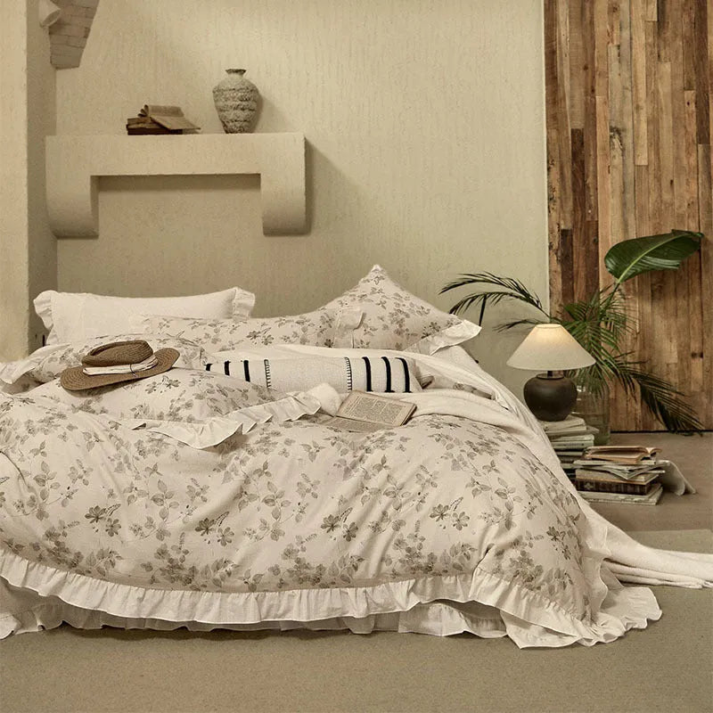 Cotton and linen yarn-dyed printed four-piece bedsheet set in raw jute colour with lace trim