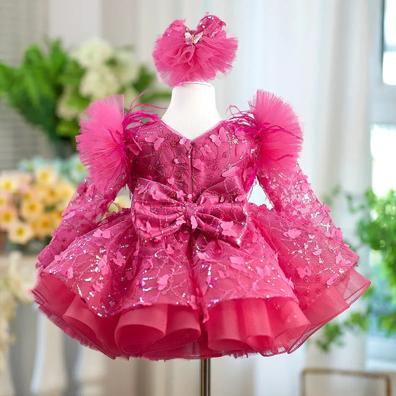 Rose red butterfly sequined long sleeve princess dress for girls, available in sizes 80cm to 160cm with trailing skirt option