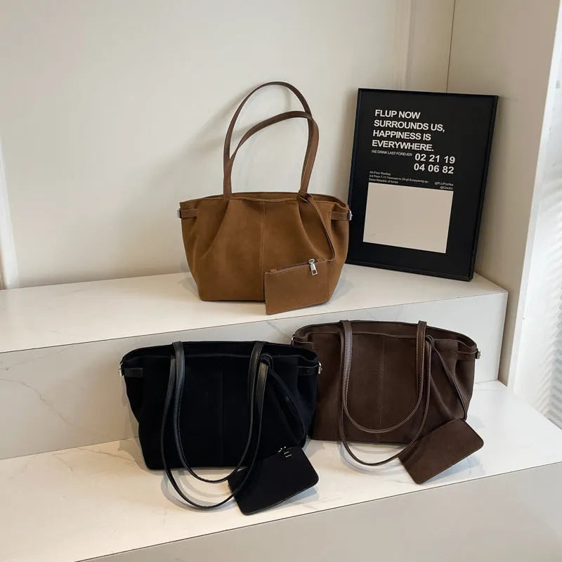 PU suede casual commute handbag horizontal square shape black zipper changing compartment double shoulder straps
