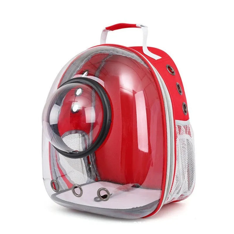 Grey astronaut dome-shaped cat carrier bag with a side opening for pet access.