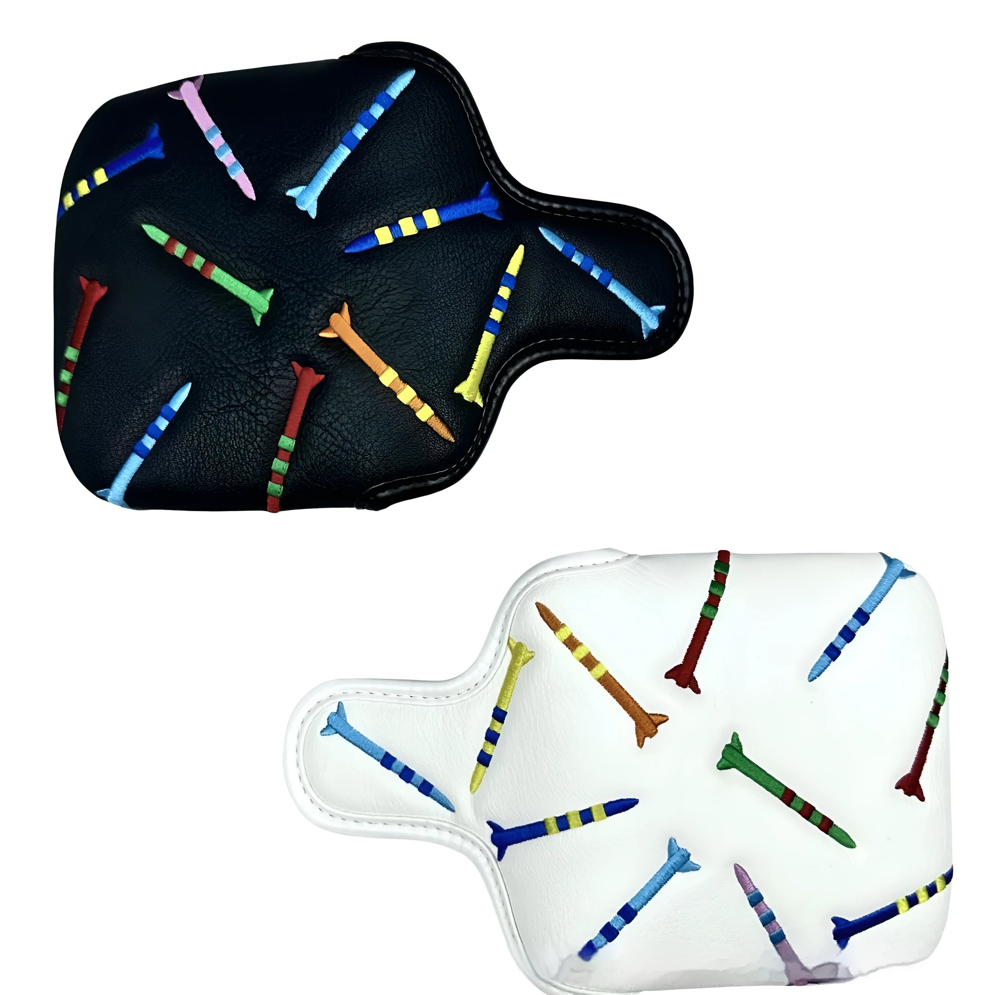Black and white golf putter protective sleeve with Rocket Pattern Square design made from PU leather