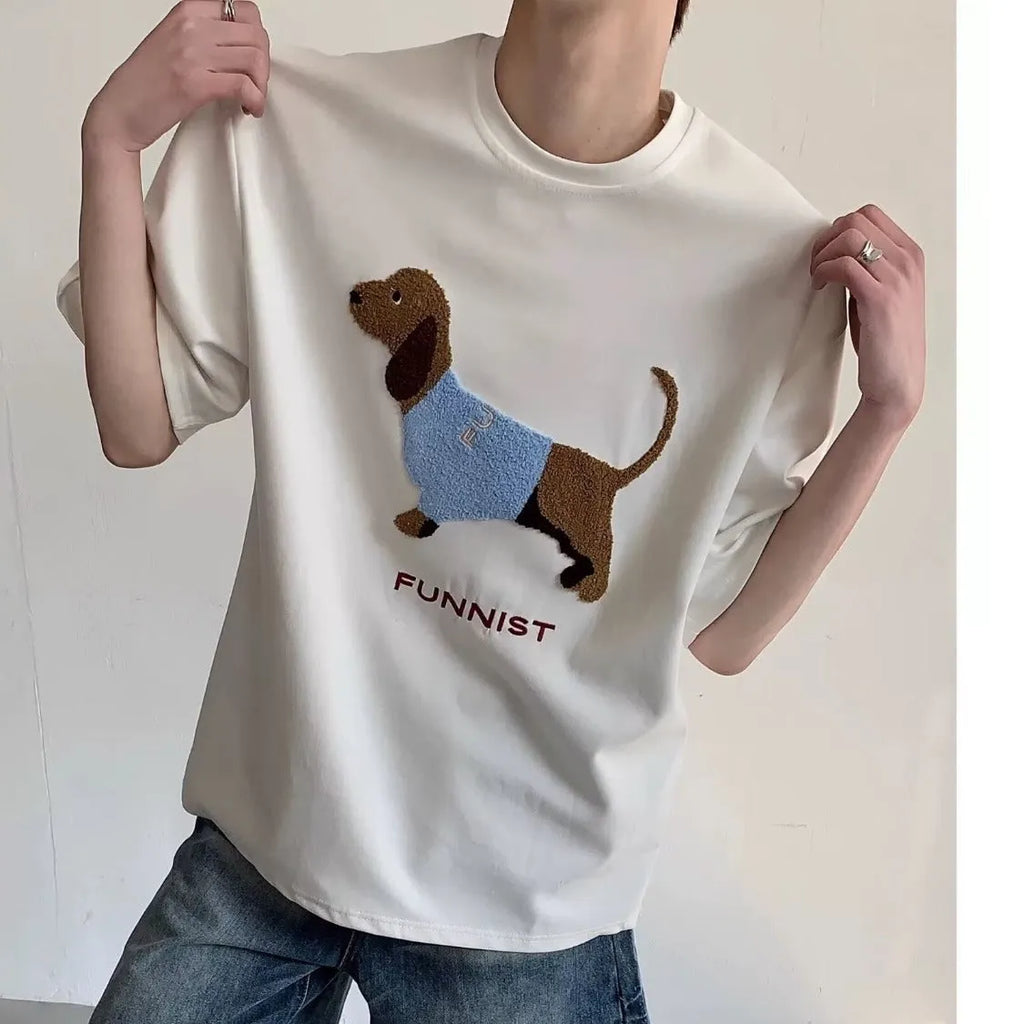 Men's grey cotton T-shirt with embroidered sausage dog design on the chest, short sleeves and round neck.