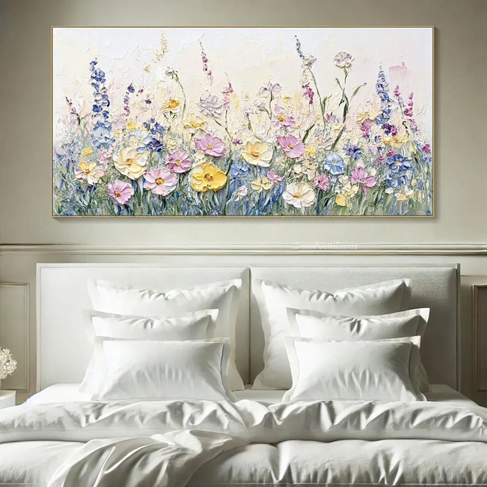 Handmade oil painting canvas wall art with 3D palette knife flowers, modern horizontal design, frameless and unstretched