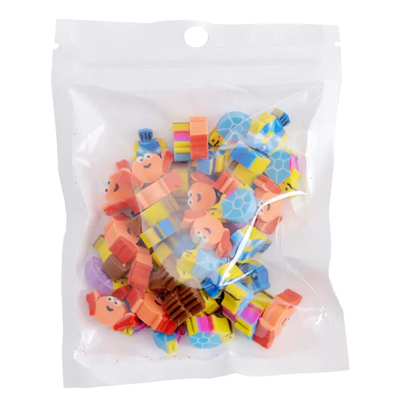 Assortment of 50 small colourful cartoon erasers showing fruit, animal, and aerospace designs.