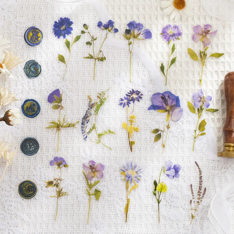 Square 70mm dried flowers journal stickers in eight artistic colour styles including dark night purple and rose nebula