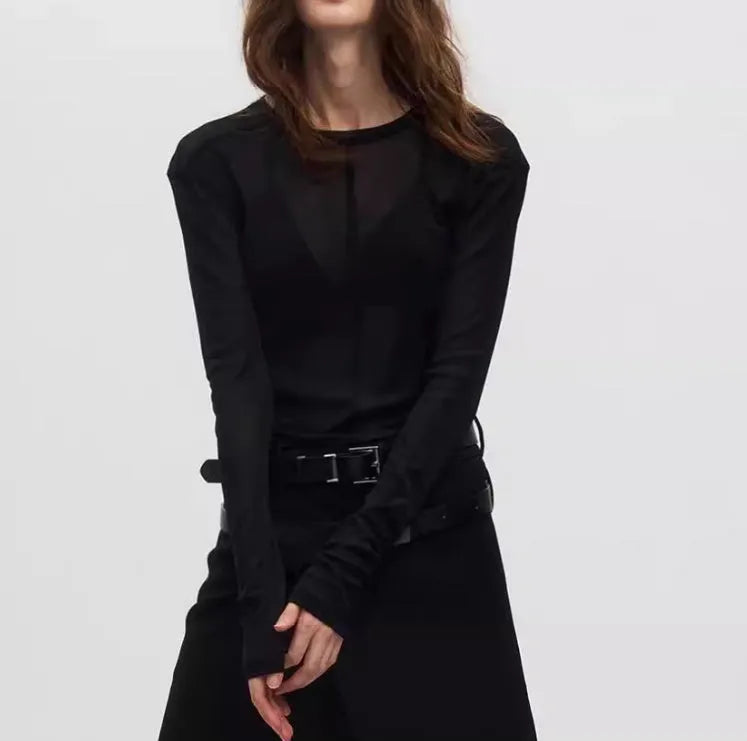 Black mesh texture slim-fit women's pullover top with long sleeves and round collar