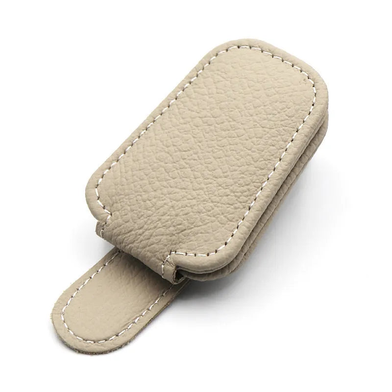 PU leather car sunglasses holder clipped to sun visor in beige colour