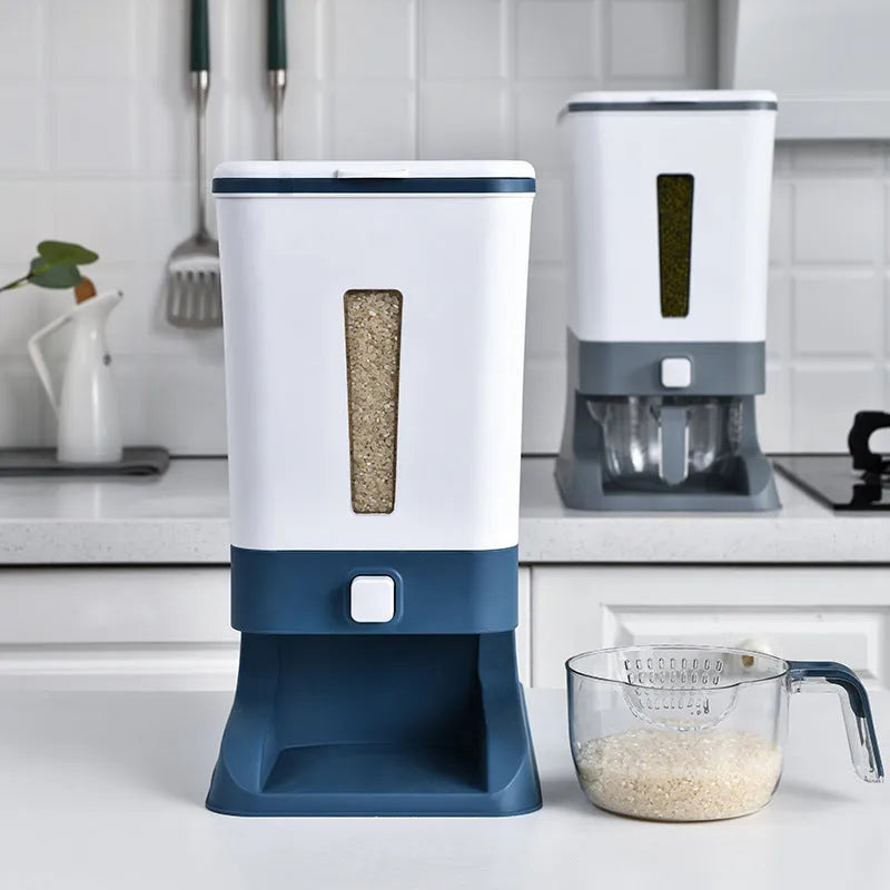 A polypropylene rice bucket with a metering lid on a kitchen countertop, available in black, blue, or grey colours with 5–6L capacity.