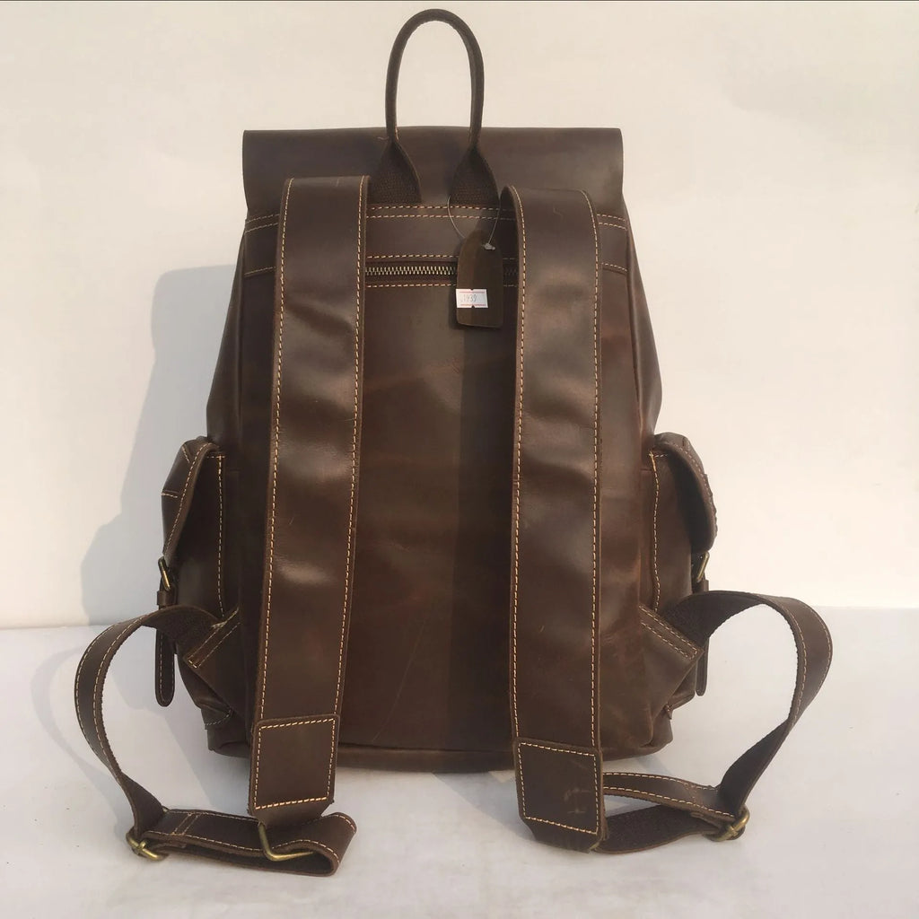 Coffee brown genuine leather men's backpack with air pillow belt comfort system