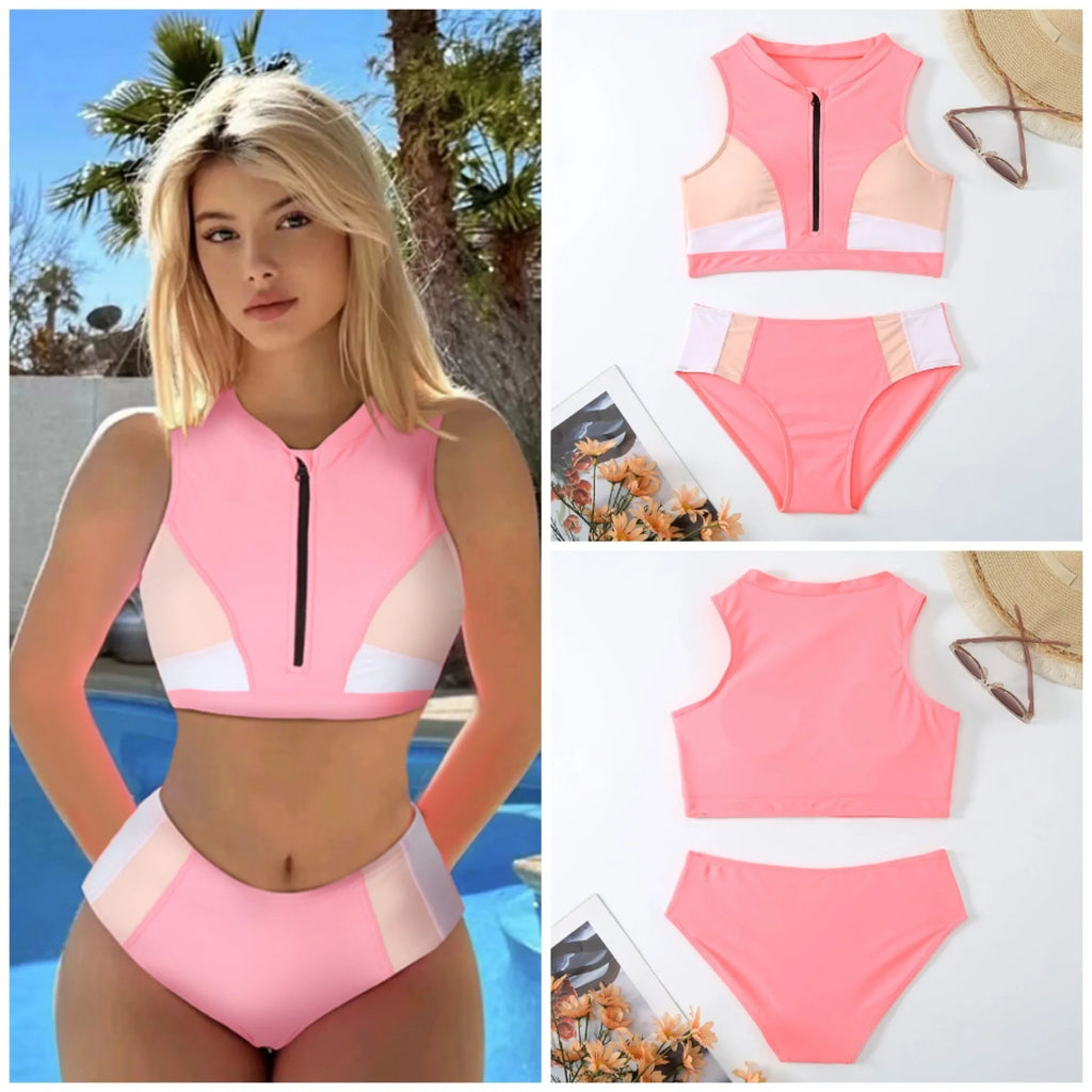 Pink high waist split bikini swimsuit set with bra top and shorts on a mannequin