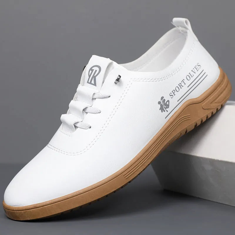Men's lace-up casual shoes in white, brown, or black with flat heel, round toe, PU upper, PVC sole, sizes 39-45