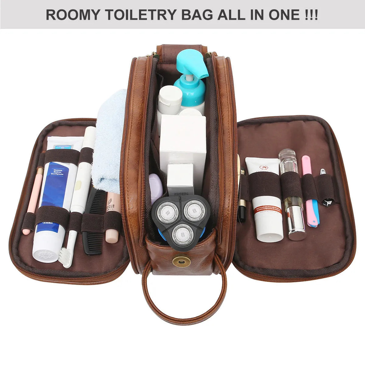 Men's solid-colour PU toiletry bag for travel storage of cosmetics and grooming essentials.