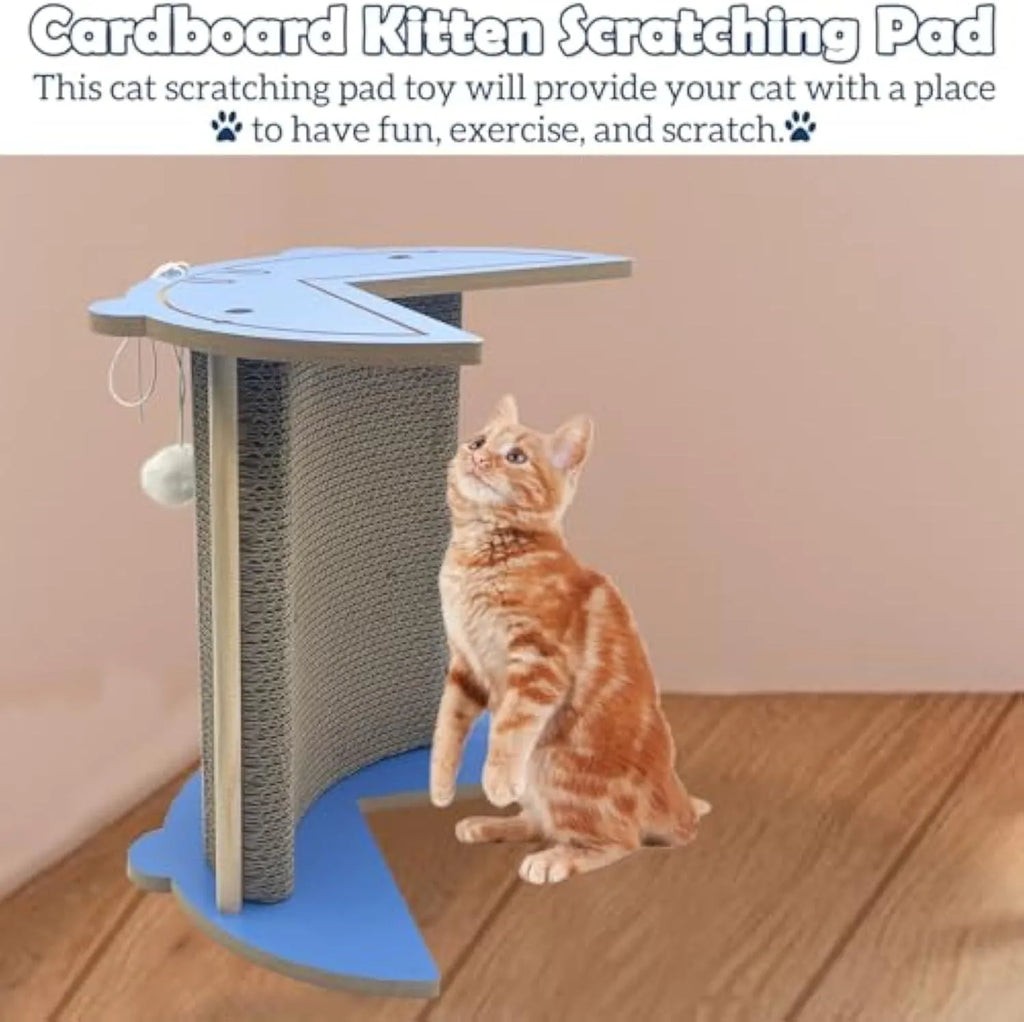 Grey cardboard corner cat scratcher with hanging ball toy attached