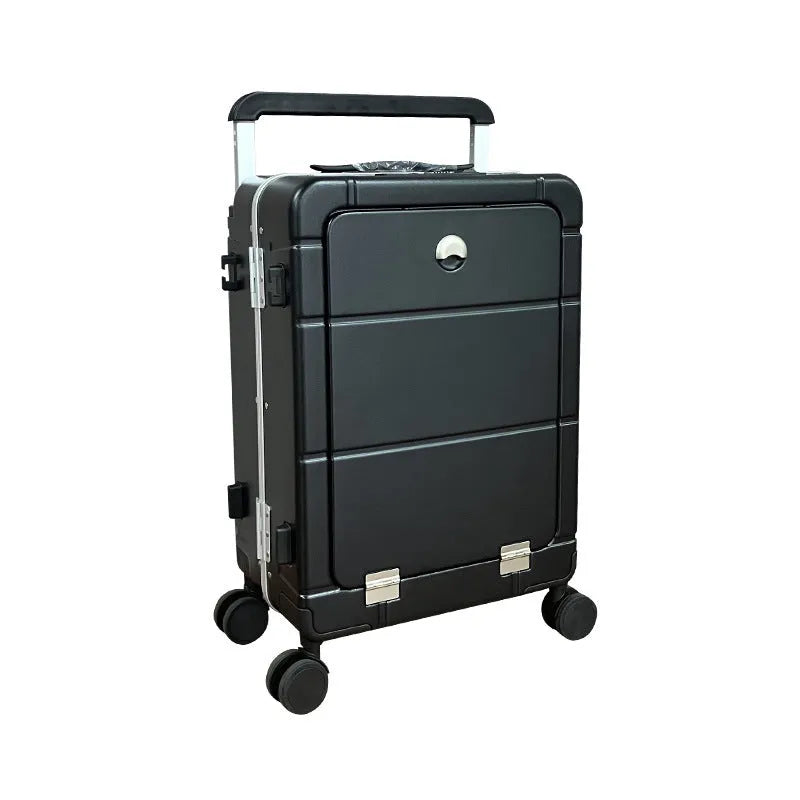 Black 20-inch hard-shell front opening suitcase showing the separate dry wet compartment and universal wheels.