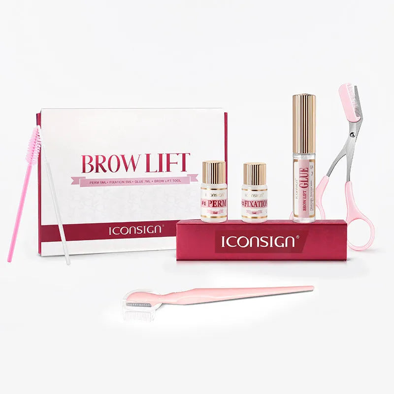 Pink eyebrow perm set with ironing tools for brow straightening and keratin styling treatments