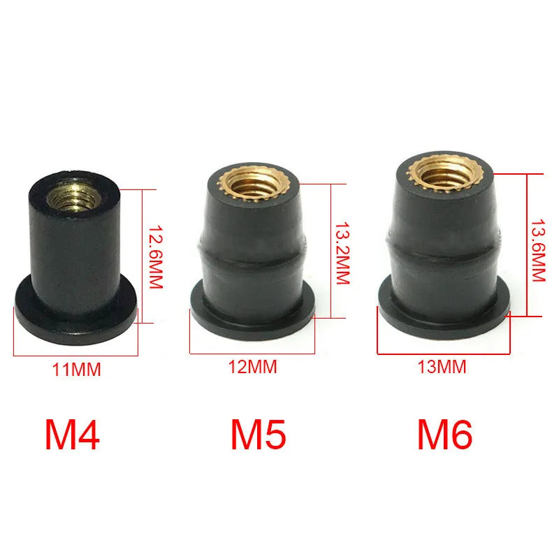 Black rubber motorcycle expansion well nuts with brass threads, set of 10 pieces in M4 M5 M6 sizes.