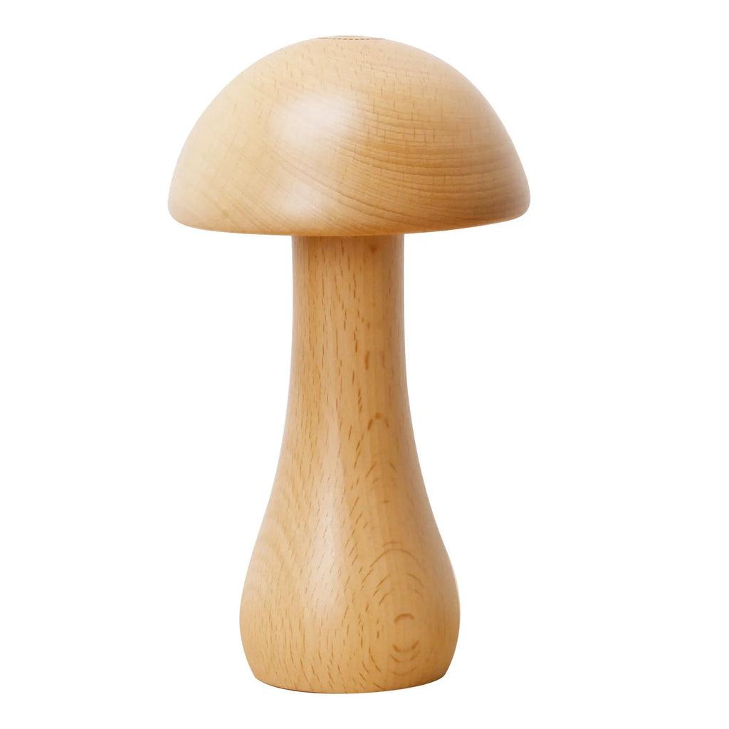 Solid wood mushroom LED table lamp in natural beech with USB power and 5 brightness settings