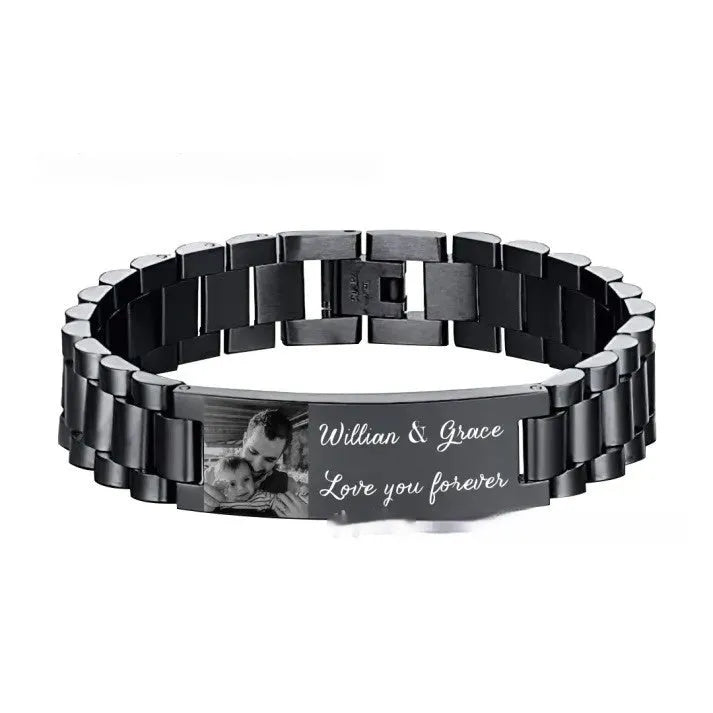 Titanium steel men's bracelet with curved heart shape design and black lettering on grey background