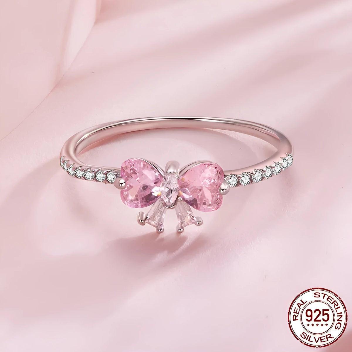 S925 sterling silver bow ring with zircon accent, electroplated silver-tone finish, US sizes 6 to 8