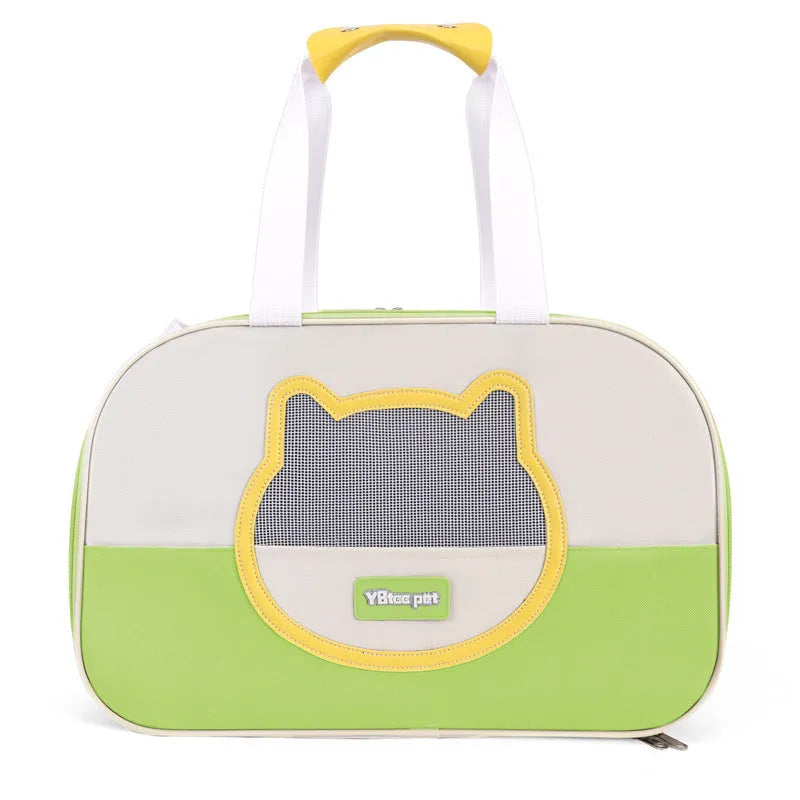 Blue foldable Oxford cloth cat carrier backpack showing large capacity and shoulder straps.