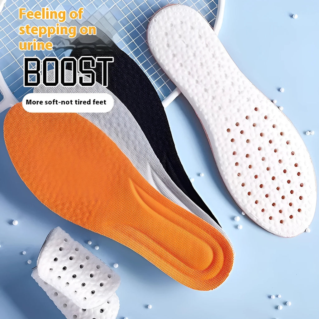 Breathable PU sports insoles in black, grey, or orange colours with trimmable edges for custom fit.