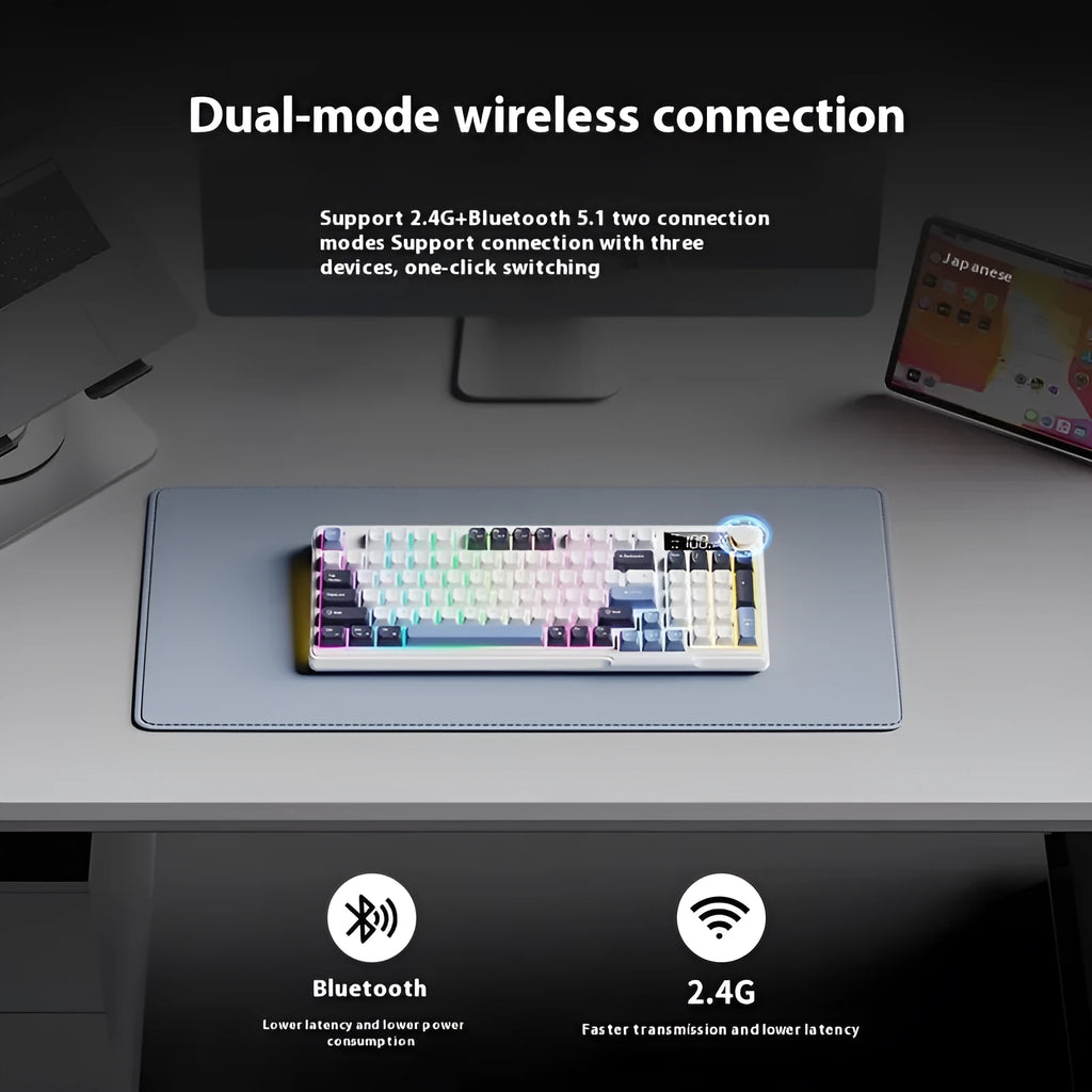 Wireless blue and white mechanical feel keyboard and mouse set on a desk with a Type-C cable.