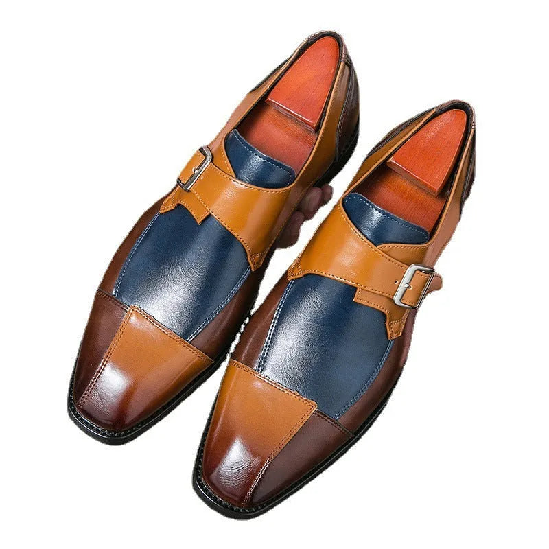 Men's British retro style leather shoes in black and brown-blue colours with tall crown design