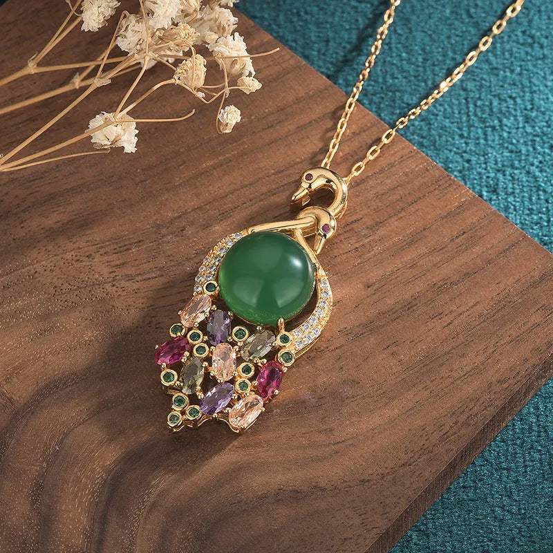 Green CP345 swan clavicle necklace with inlaid natural chalcedony and tourmaline in copper
