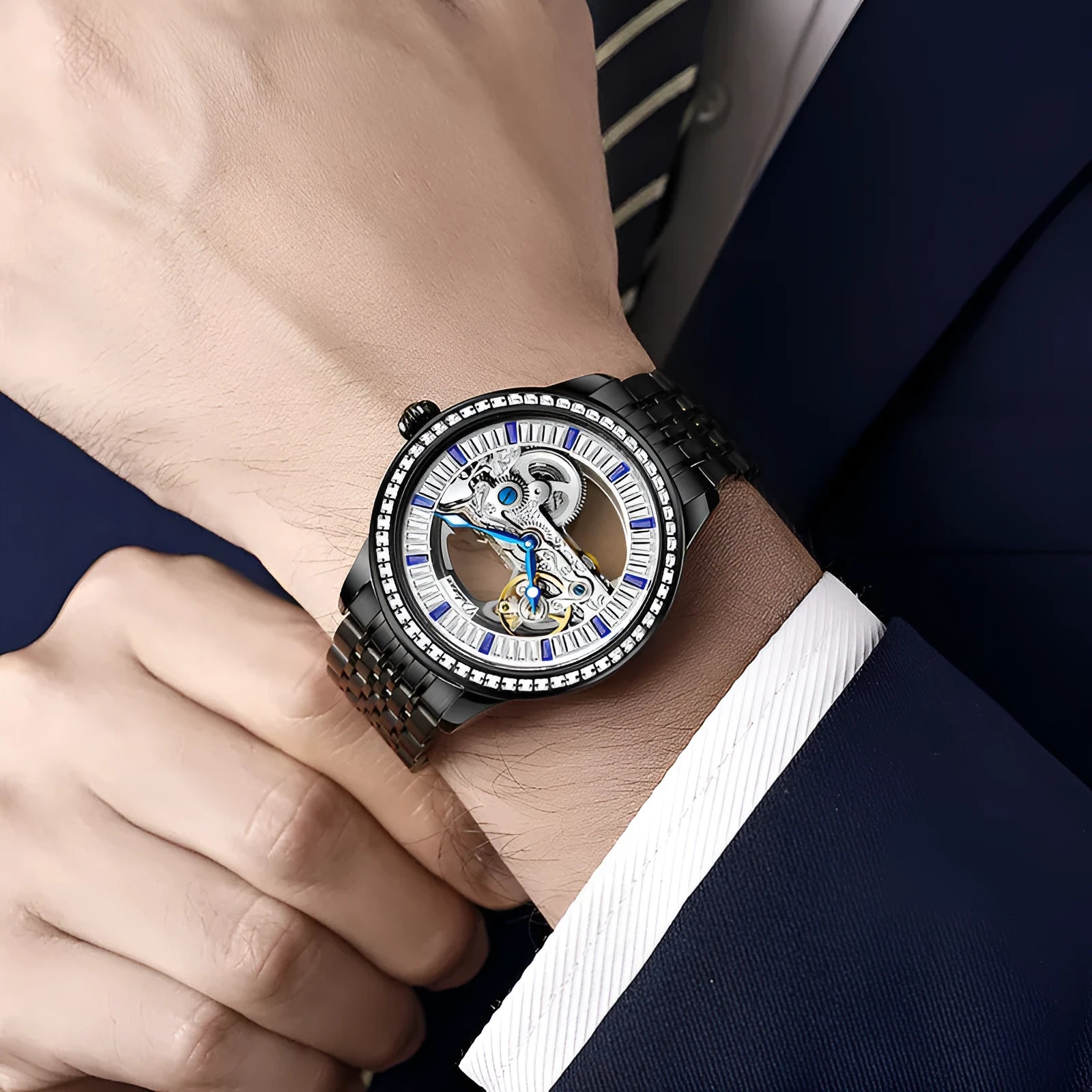 Men's luxury mechanical watch with waterproof feature showing choice of leather and steel straps in three colours