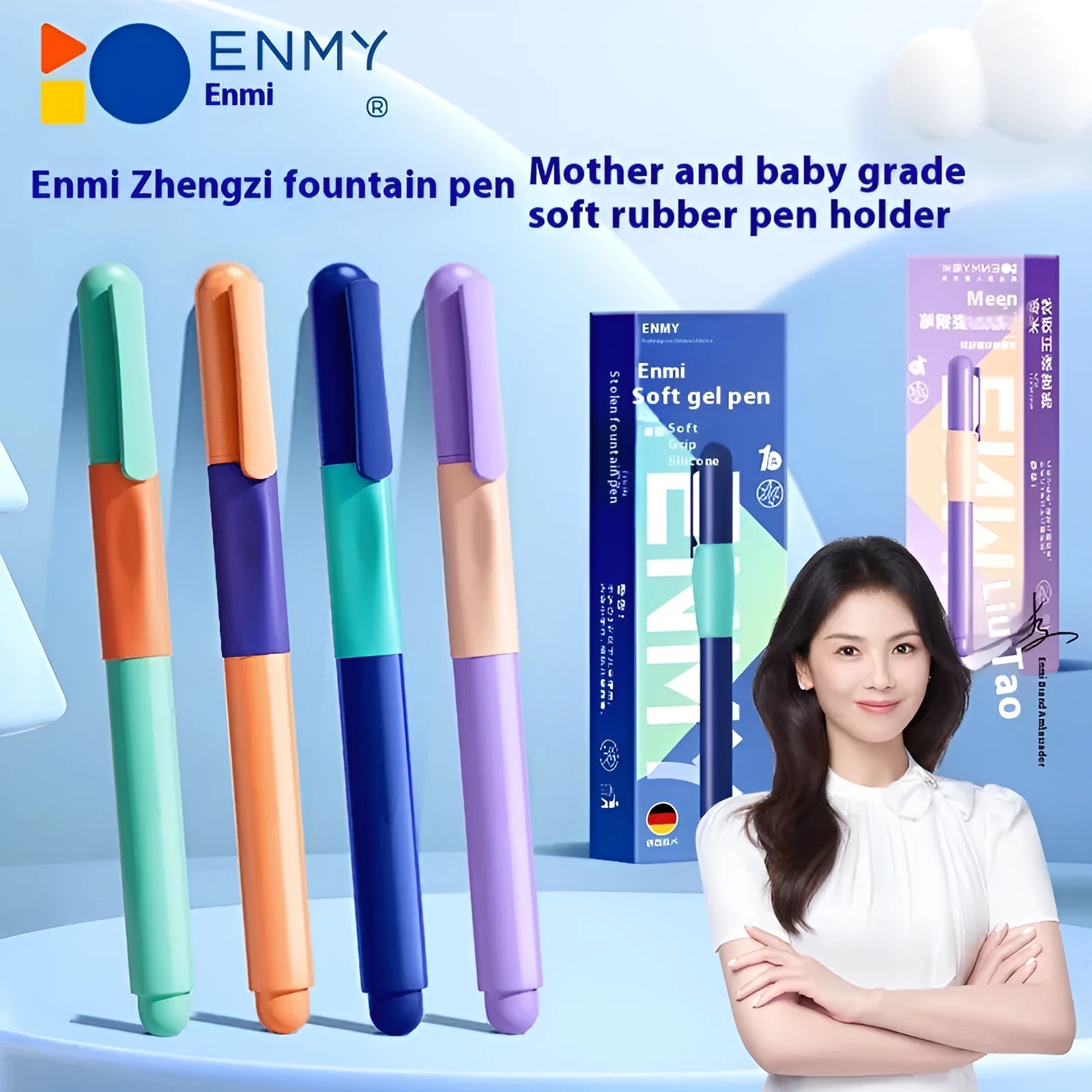 Student posture correction pen with triangular grip in blue, green, purple, and orange colour options