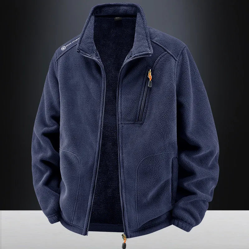 Men's loose casual polar fleece cardigan jacket in dark gray with full front closure