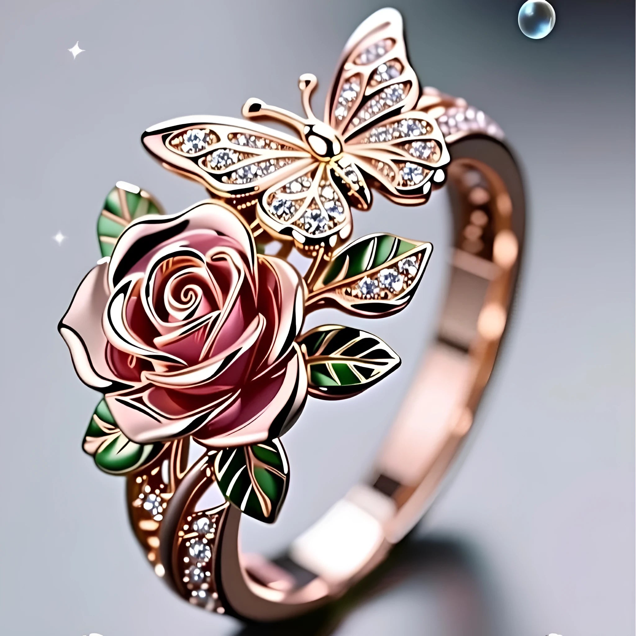 Adjustable fairy style butterfly ring with colourful oil droplet finish and rose leaf insect design