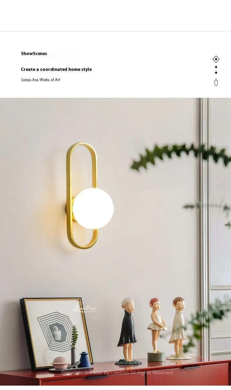 Minimalist wall lamp in black or gold with glass shade and iron body for bedroom corridor lighting