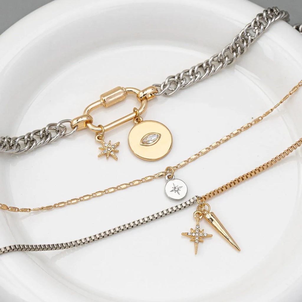 Multi-layer twin necklace for women with alloy electroplated ellipse pendant in clavicle chain style